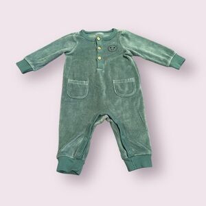 Green Baby Velour Onesie with Smiley Patch And Button Detail